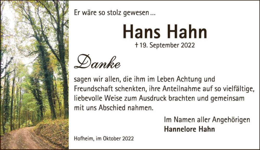  Traueranzeige für Hans Hahn vom 15.10.2022 aus vrm-trauer Wormser Zeitung