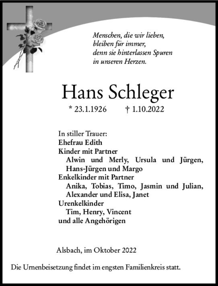  Traueranzeige für Hans Schleger vom 08.10.2022 aus vrm-trauer Darmstädter Echo