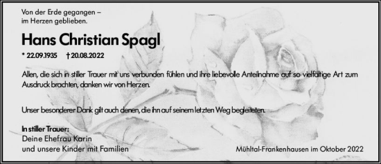 Traueranzeige von Hans Christian Spagl von vrm-trauer Darmstädter Echo