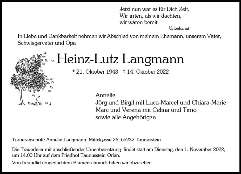  Traueranzeige für Heinz-Lutz Langmann vom 29.10.2022 aus vrm-trauer Wiesbadener Kurier