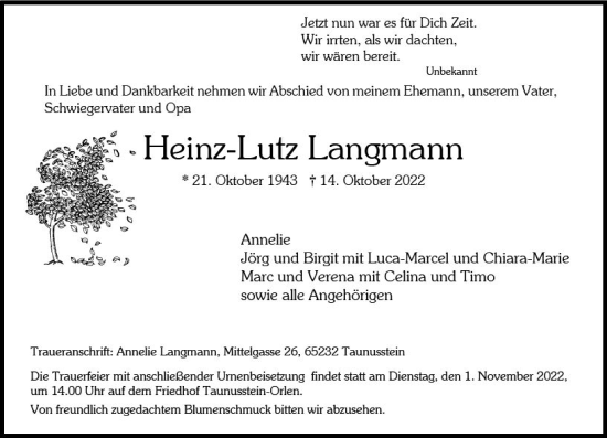 Traueranzeige von Heinz-Lutz Langmann von vrm-trauer Wiesbadener Kurier