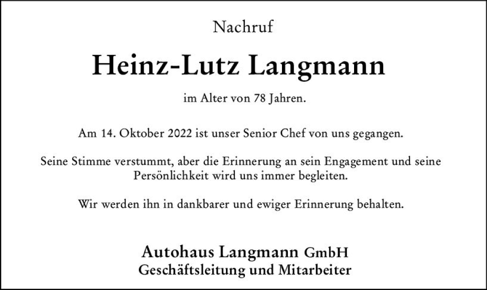  Traueranzeige für Heinz-Lutz Langmann vom 29.10.2022 aus vrm-trauer Wiesbadener Kurier