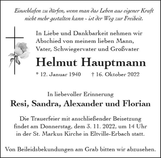 Traueranzeige von Helmut Hauptmann von vrm-trauer Wiesbadener Kurier