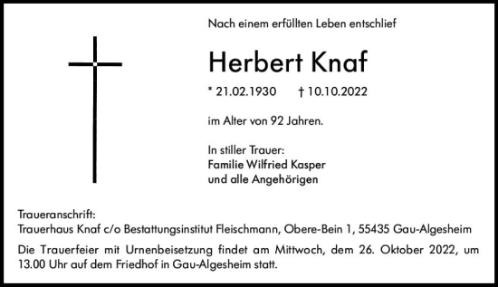 Traueranzeige von Herbert Knaf von vrm-trauer Allgemeine  Zeitung Ingelheim-Bingen