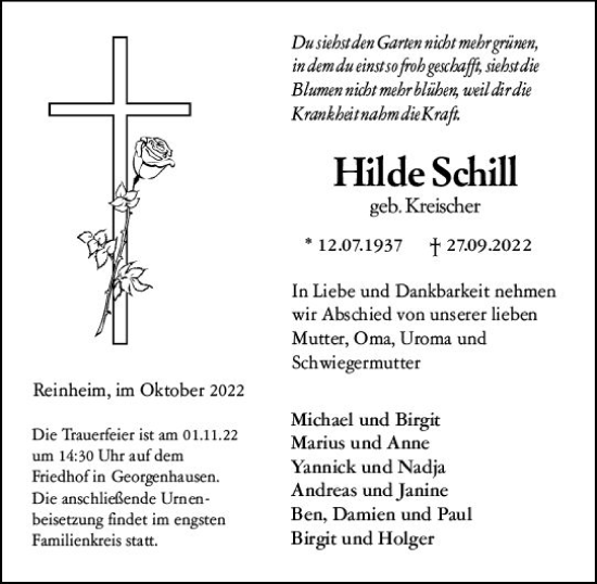 Traueranzeige von Hilde Schill von vrm-trauer Darmstädter Echo