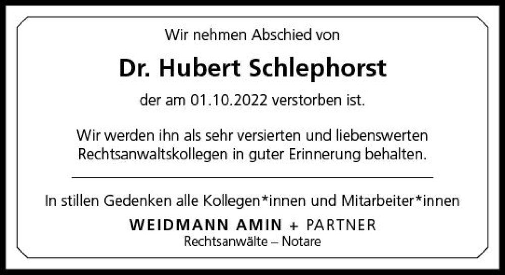  Traueranzeige für Hubert Schlephorst vom 08.10.2022 aus vrm-trauer Wiesbadener Kurier