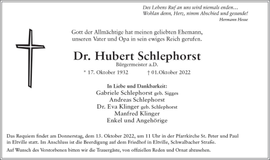 Traueranzeige von Hubert Schlephorst von vrm-trauer Wiesbadener Kurier
