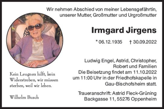 Traueranzeige von Irmgard Jirgens von vrm-trauer AZ Mainz