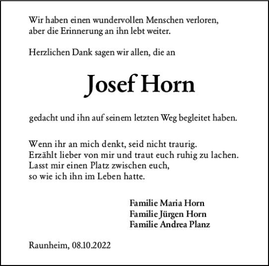 Traueranzeige von Josef Horn von vrm-trauer Rüsselsheimer Echo / MainSpitze