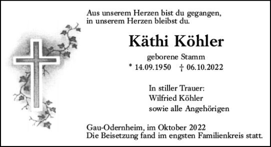 Traueranzeige von Käthi Köhler von vrm-trauer Allgemeine  Zeitung Ingelheim-Bingen