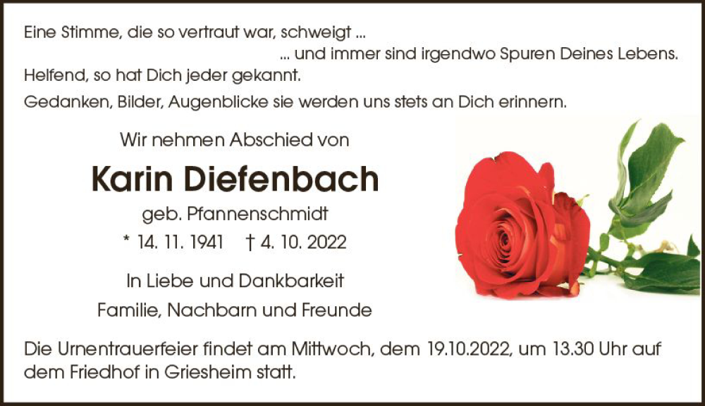  Traueranzeige für Karin Diefenbach vom 15.10.2022 aus vrm-trauer Darmstädter Echo