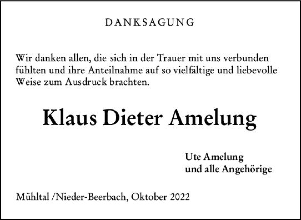  Traueranzeige für Klaus Dieter Amelung vom 22.10.2022 aus vrm-trauer Darmstädter Echo