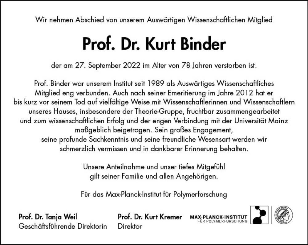  Traueranzeige für Kurt Binder vom 15.10.2022 aus vrm-trauer AZ Mainz