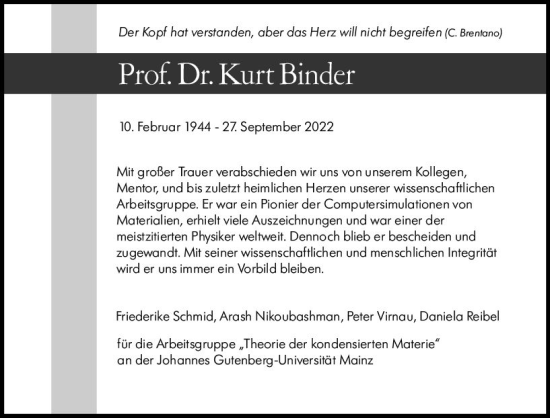 Traueranzeige von Kurt Binder von vrm-trauer AZ Mainz