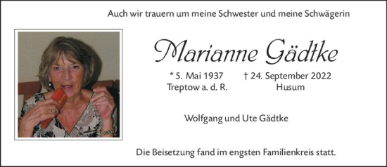 Traueranzeige von Marianne Gädtke von vrm-trauer Darmstädter Echo