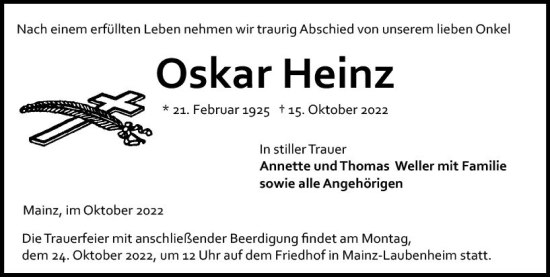 Traueranzeige von Oskar Heinz von vrm-trauer AZ Mainz