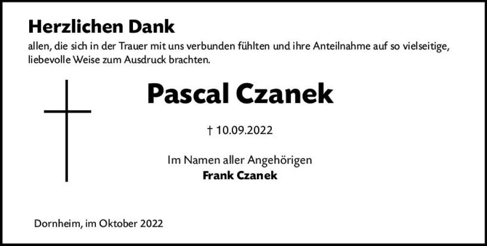  Traueranzeige für Pascal Czanek vom 08.10.2022 aus vrm-trauer Groß-Gerauer Echo