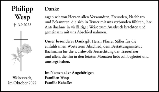 Traueranzeige von Philipp Wesp von vrm-trauer Darmstädter Echo