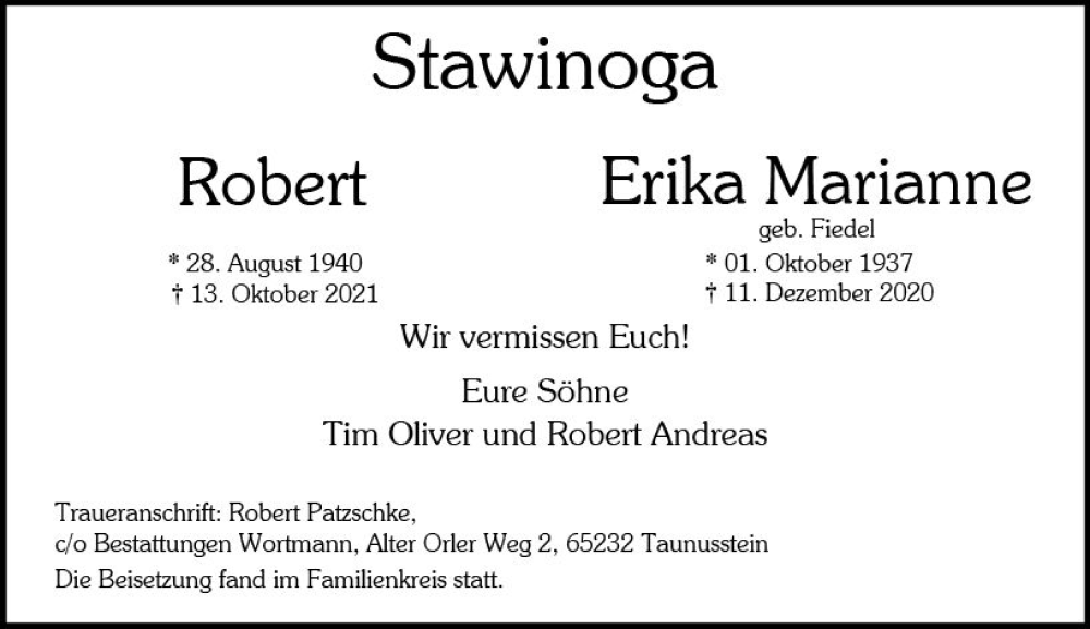  Traueranzeige für Robert Stawinoga vom 29.10.2022 aus vrm-trauer Wiesbadener Kurier