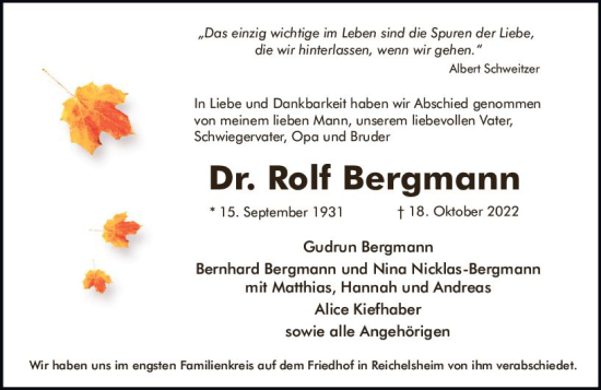 Traueranzeige von Rolf Bergmann von vrm-trauer Odenwälder Echo