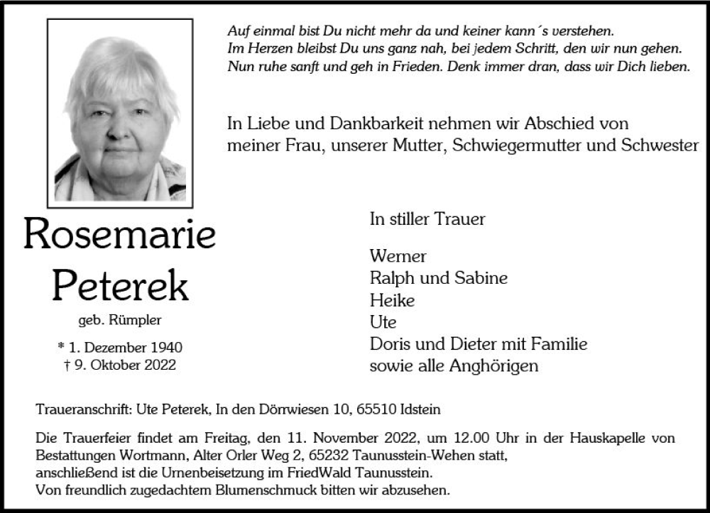  Traueranzeige für Rosemarie Peterek vom 15.10.2022 aus vrm-trauer Wiesbadener Kurier