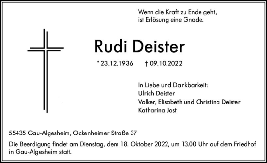 Traueranzeige von Rudi Deister von vrm-trauer Allgemeine  Zeitung Ingelheim-Bingen