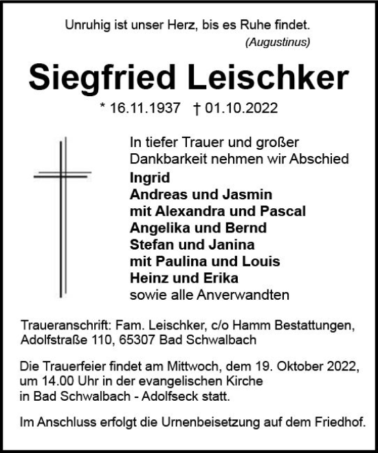 Traueranzeige von Siegfried Leischker von vrm-trauer Wiesbadener Kurier
