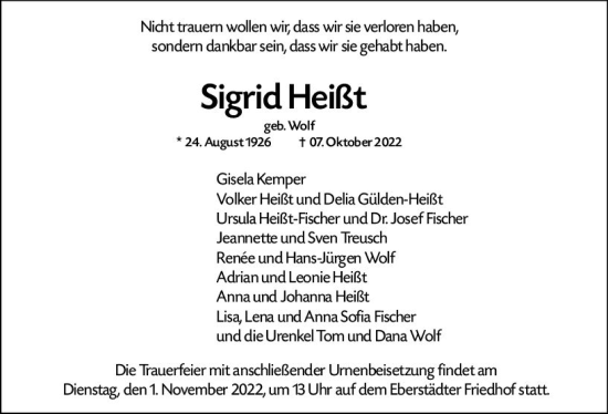 Traueranzeige von Sigrid Heißt von vrm-trauer Darmstädter Echo