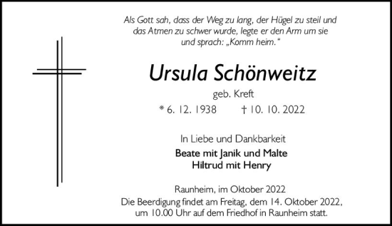 Traueranzeige von Ursula Schönweitz von vrm-trauer Rüsselsheimer Echo / MainSpitze