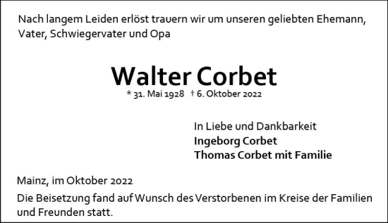 Traueranzeige von Walter Corbet von vrm-trauer AZ Mainz