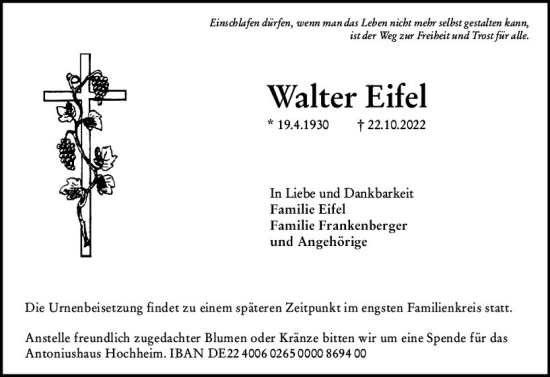 Traueranzeige von Walter Eifel von vrm-trauer Hochheimer Zeitung