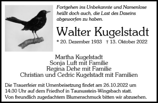 Traueranzeige von Walter Kugelstadt von vrm-trauer WK-UTA