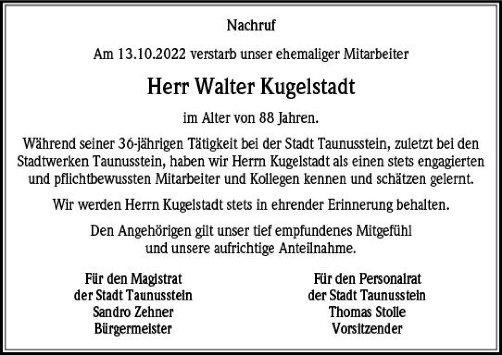  Traueranzeige für Walter Kugelstadt vom 29.10.2022 aus vrm-trauer WK-UTA