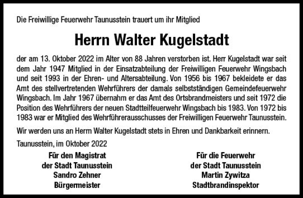  Traueranzeige für Walter Kugelstadt vom 29.10.2022 aus vrm-trauer WK-UTA