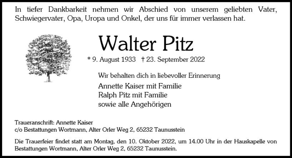  Traueranzeige für Walter Pitz vom 05.10.2022 aus vrm-trauer Wiesbadener Kurier