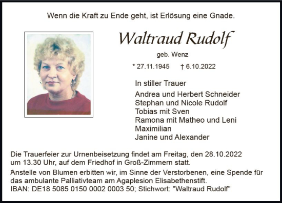 Traueranzeige von Waltraud Rudolf von vrm-trauer DieburgerAnzeiger/Groß-Zimmerner Lokala