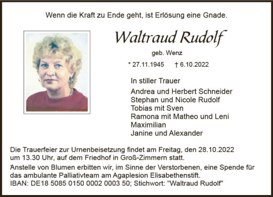 Traueranzeige von Waltraud Rudolf von vrm-trauer Darmstädter Echo