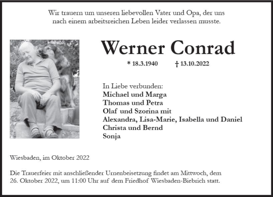 Traueranzeige von Werner Conrad von vrm-trauer Wiesbadener Kurier
