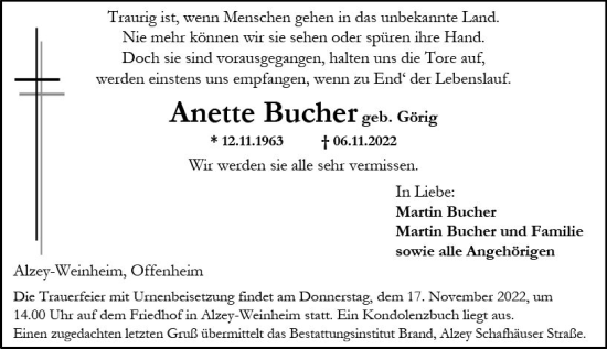 Traueranzeige von Anette Bucher von vrm-trauer Allgemeine Zeitung Alzey