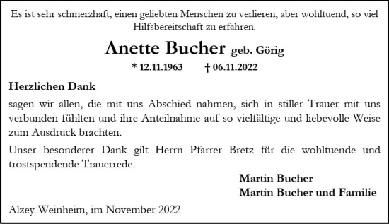 Traueranzeige von Anette Bucher von vrm-trauer Allgemeine Zeitung Alzey