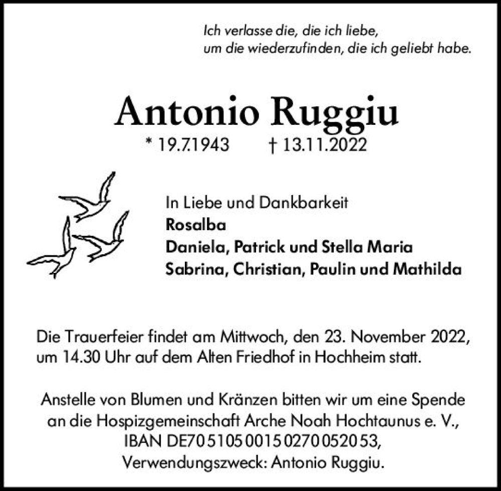  Traueranzeige für Antonio Ruggiu vom 18.11.2022 aus vrm-trauer Hochheimer Zeitung