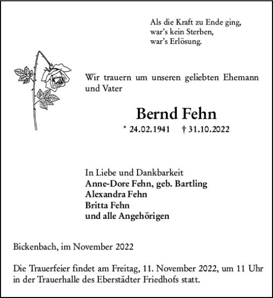 Traueranzeige von Bernd Fehn von vrm-trauer Darmstädter Echo