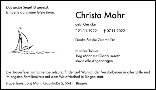 Traueranzeige von Christa Mohr von vrm-trauer Allgemeine  Zeitung Ingelheim-Bingen