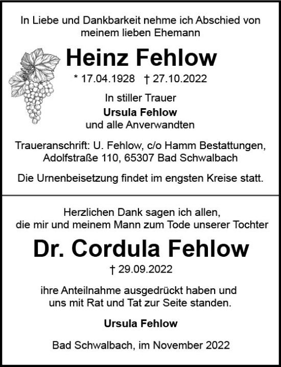 Traueranzeige von Cordula Fehlow von vrm-trauer Wiesbadener Kurier