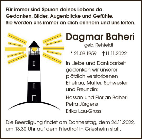 Traueranzeige von Dagmar Baheri von vrm-trauer Darmstädter Echo