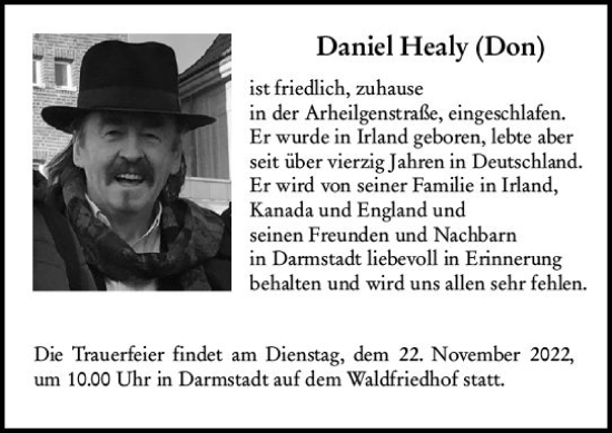 Traueranzeige von Daniel Healy von vrm-trauer Darmstädter Echo