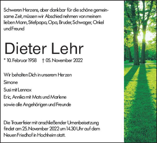 Traueranzeige von Dieter Lehr von vrm-trauer Hochheimer Zeitung