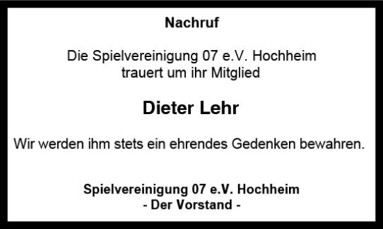 Traueranzeige von Dieter Lehr von vrm-trauer Hochheimer Zeitung