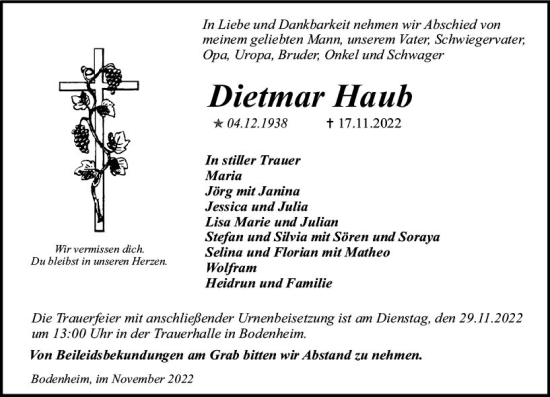 Traueranzeige von Dietmar Haub von vrm-trauer AZ Mainz