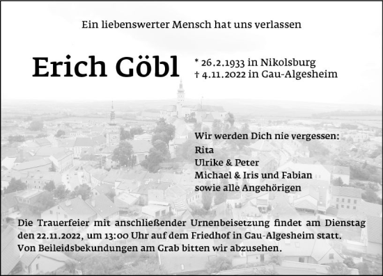 Traueranzeige von Erich Göbl von vrm-trauer Allgemeine  Zeitung Ingelheim-Bingen